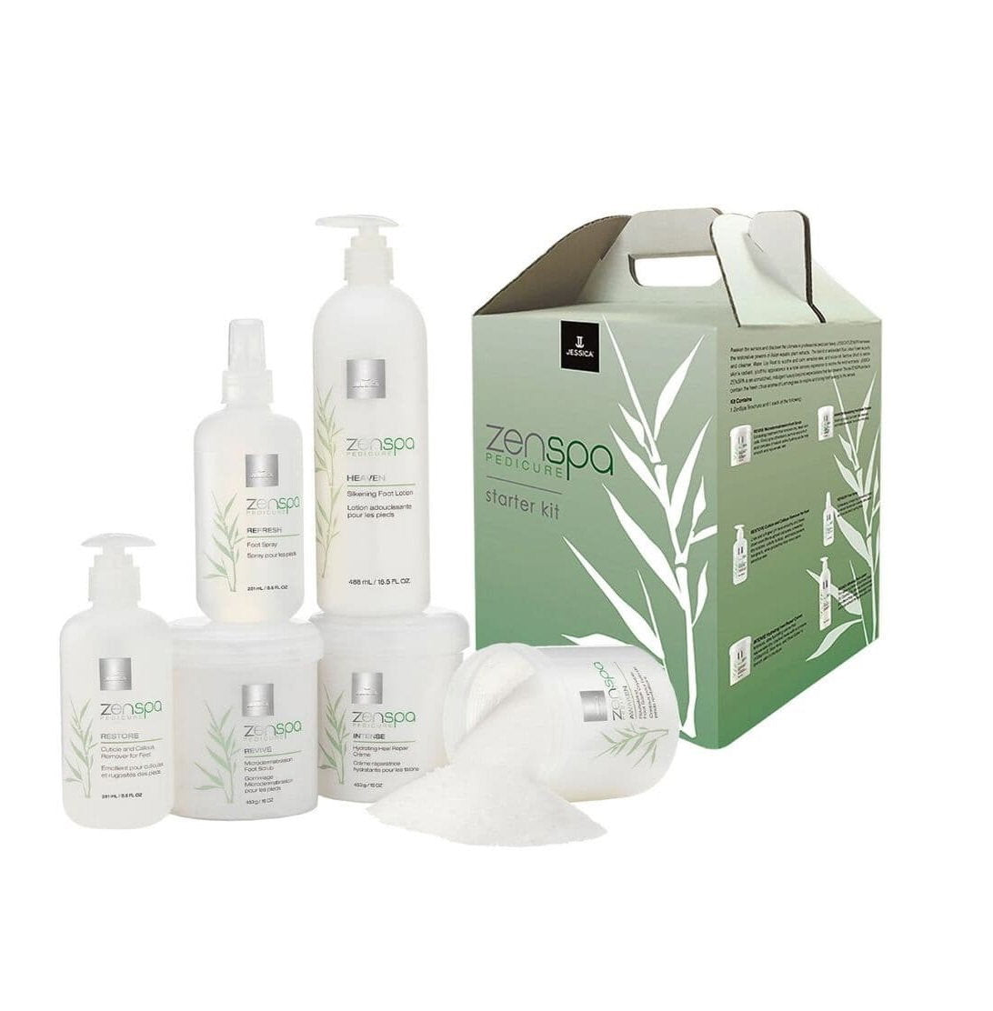 Starter Kit Set Jessica: ZenSpa Revive, Volcanic Pumice, Exfoliating, Foot Scrub, 435 g + ZenSpa Restore, Aloe Vera, Cuticle Remover Gel, 251 ml + ZenSpa Intense, Vitamin E, Moisturizing, Foot Cream, 425 g + ZenSpa Awaken, Soothing, Foot Bath Salt, 453...