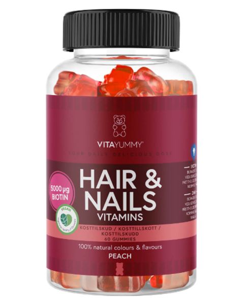 VitaYummy Hair&Nails Gummies persikų skonio guminukai su biotinu plaukams ir nagams