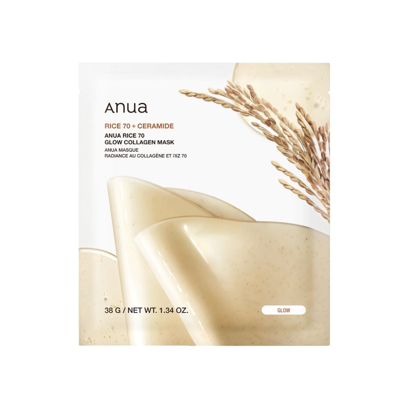 Anua, Rice 70 Glow, Collagen, Glow, Sheet Mask, For Face, 38 g