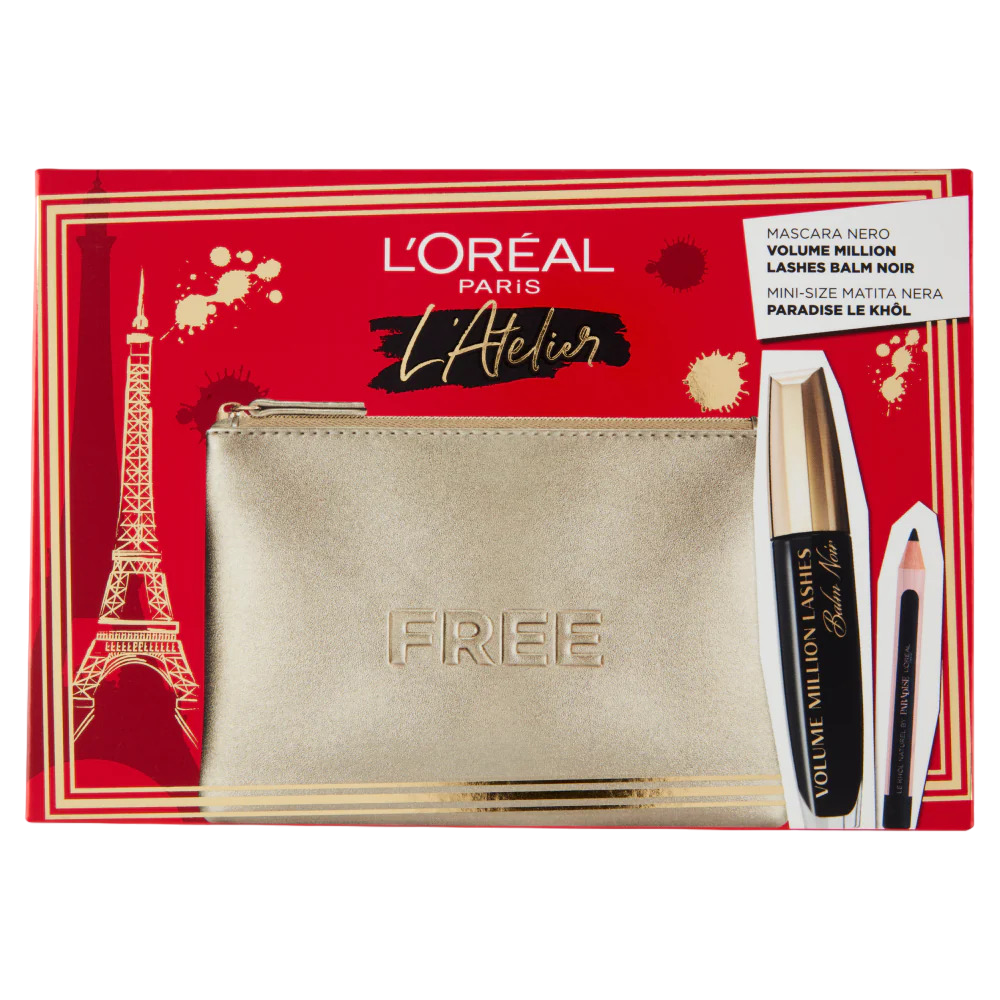 Atelier Kit Set L'Oreal Paris: Volume Million Lashes, Volumizing & Lengthening, Mascara, Black, 8.9 ml + Paradise Le Khol, Kajal Eye Pencil, 1.2 g + Textile Makeup Bag, Gold