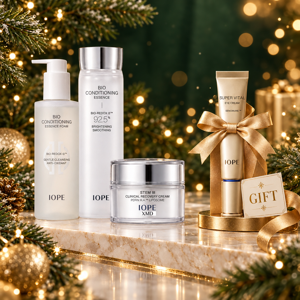 Christmas IOPE skincare set with IOPE Super Vital Eye Cream gift and gold ribbon