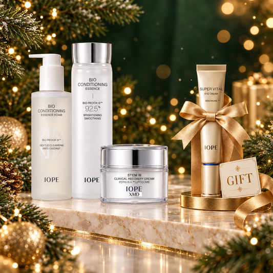 Christmas IOPE skincare set with IOPE Super Vital Eye Cream gift and gold ribbon