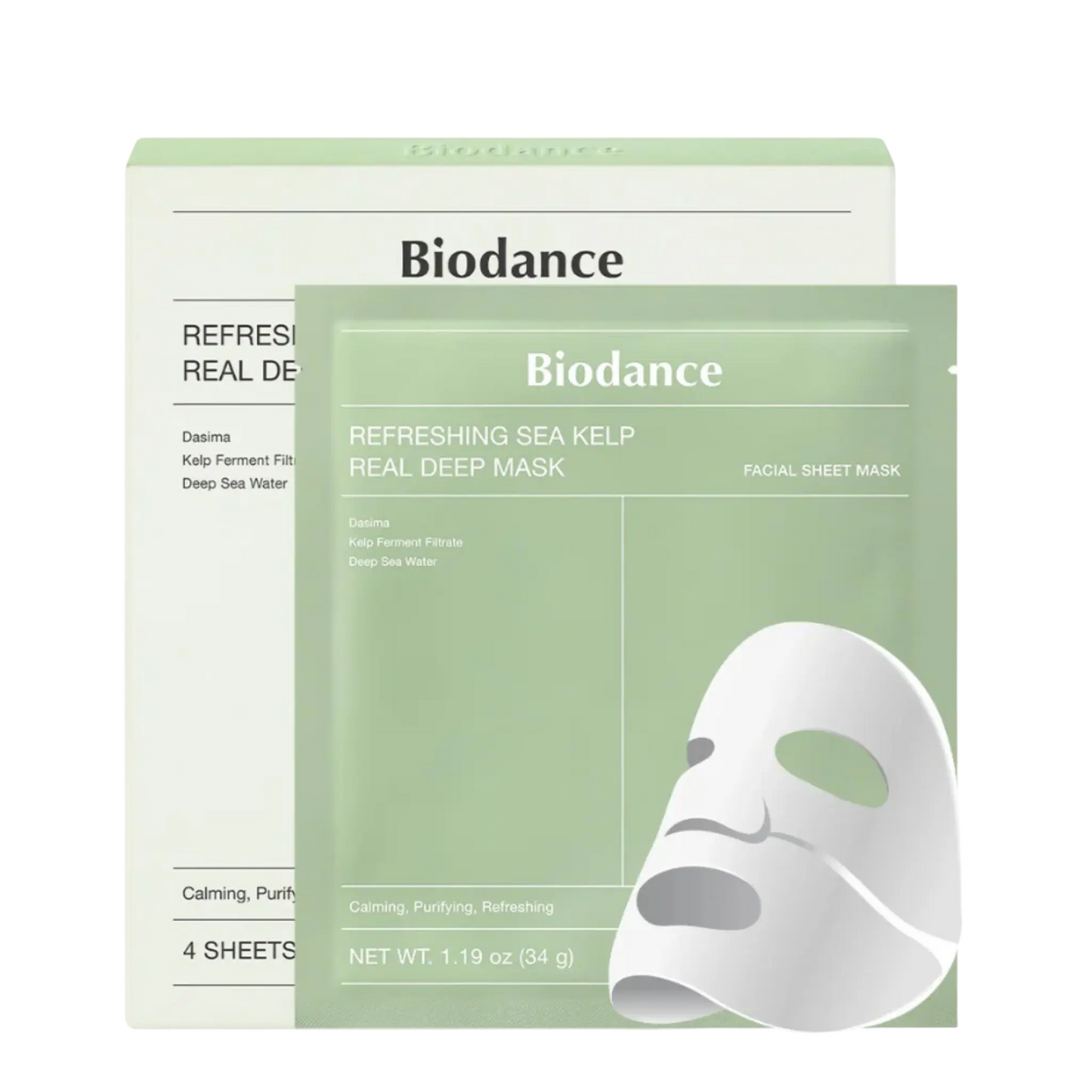 Set, Biodance, Refreshing Sea Kelp, Purifying, Sheet Mask, For Face, 4 pcs, 34 g