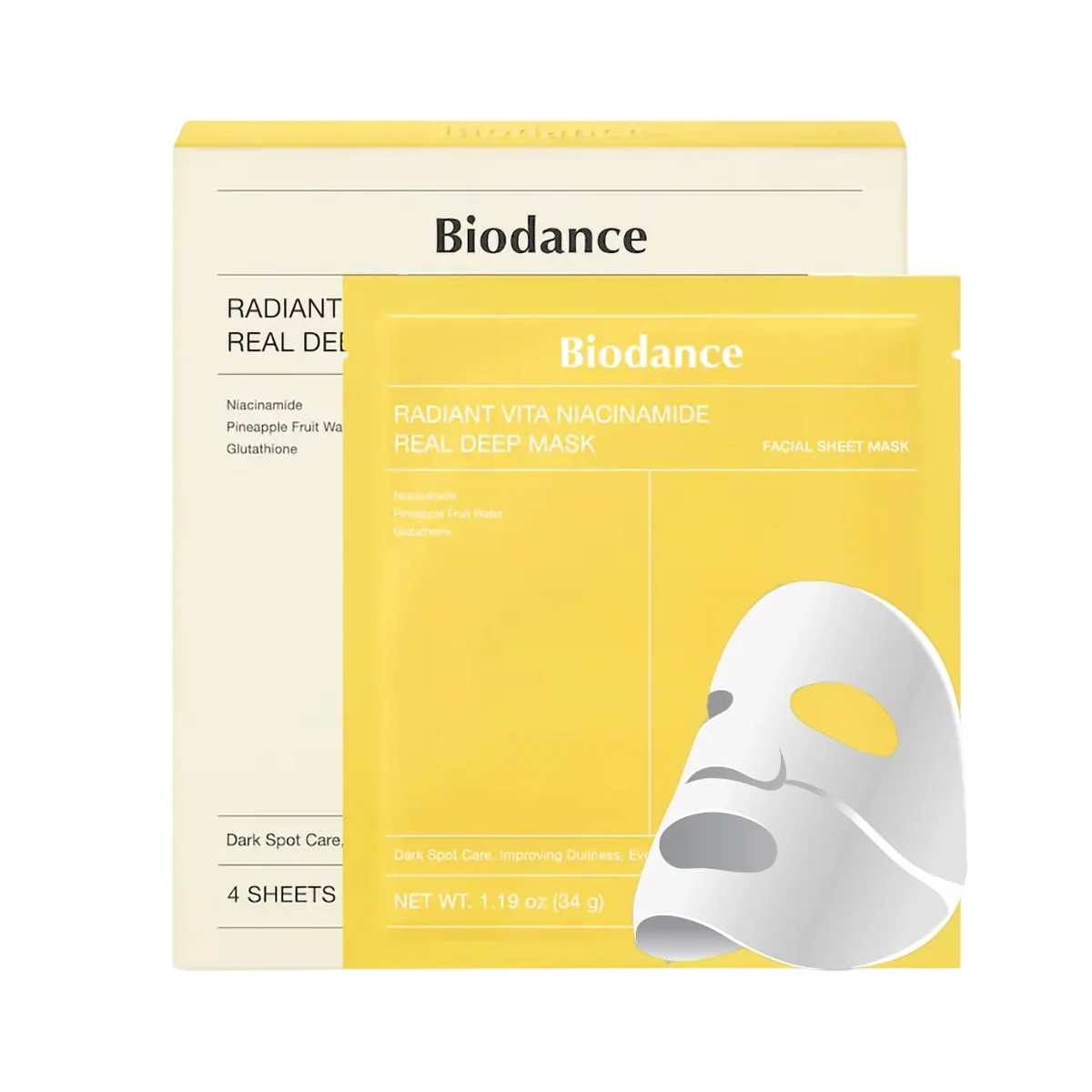 Set, Biodance, Vita Niacinamide, Brightening, Sheet Mask, For Face, 4 pcs, 34 g
