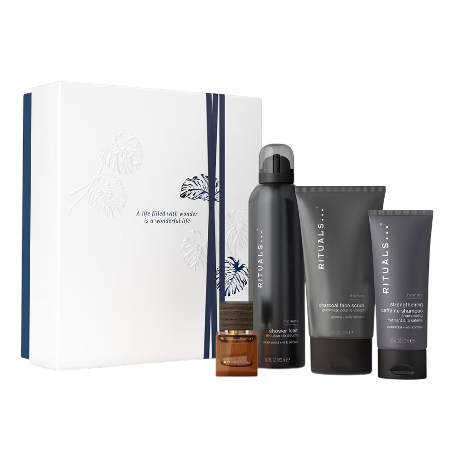 Set Rituals: L'Essentiel, Eau De Parfum, For Men, 50 ml + Homme, Caffeine, Hair Shampoo, For Strengthening, 70 ml + Homme, Charcoal, Eliminates Impurities, Cleansing Scrub, For Face, 125 g + Homme, Invigorating, Shower Mousse, 200 ml