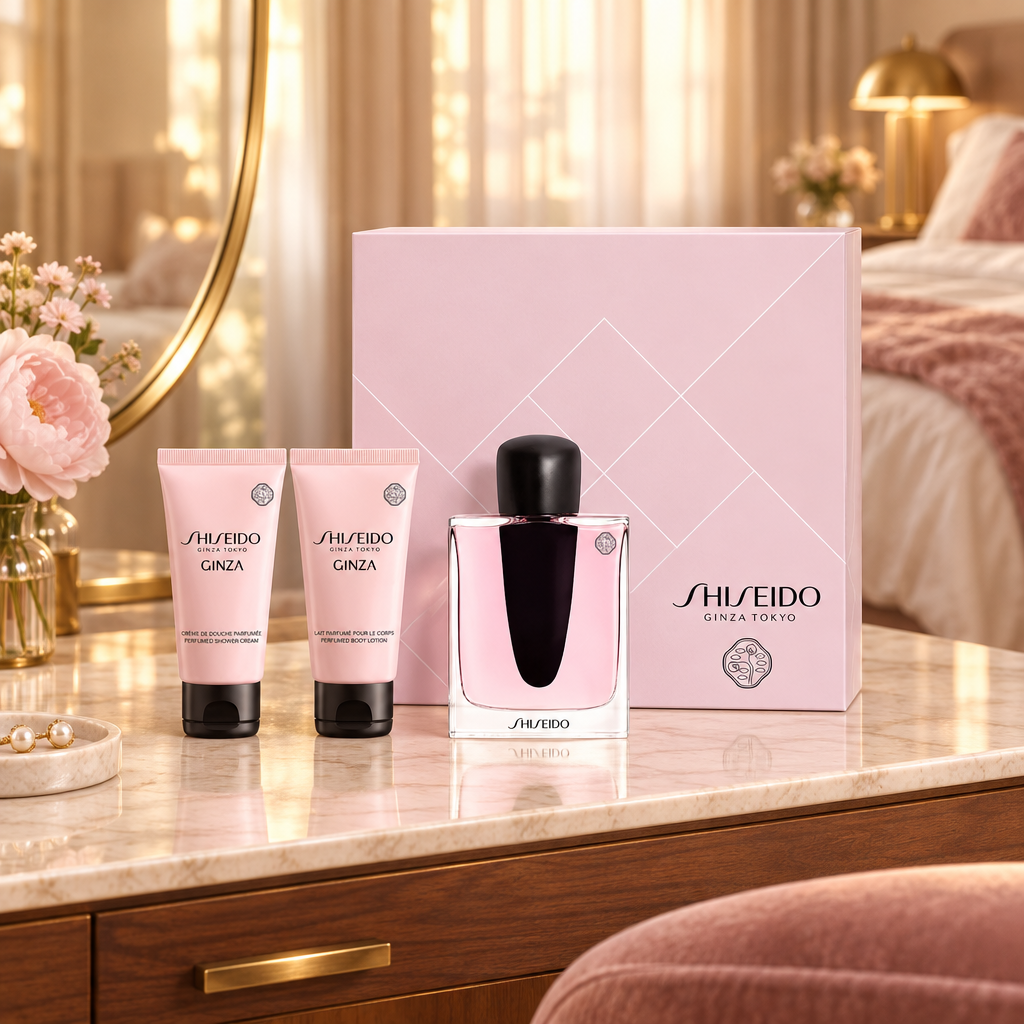 Set Shiseido: Ginza, Eau De Parfum, For Women, 50 ml + Ginza, Moisturizing, Body Lotion, 50 ml + Ginza, Cleansing, Shower Gel, For All Skin Types, 50 ml